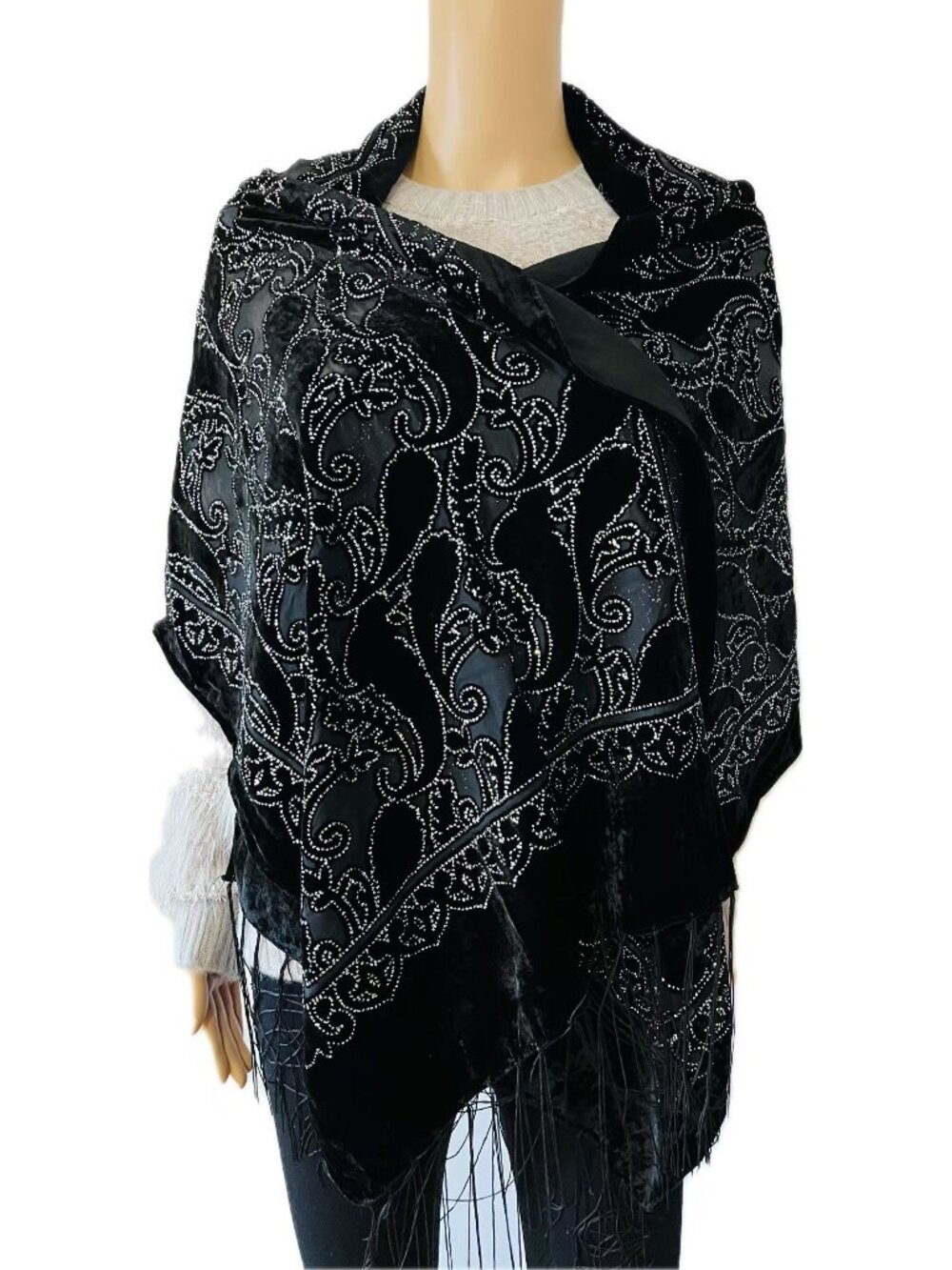 Women Fashion Paisley Blingbling Velvet Rectangular Large Scarf Wrap Shawl-Blac